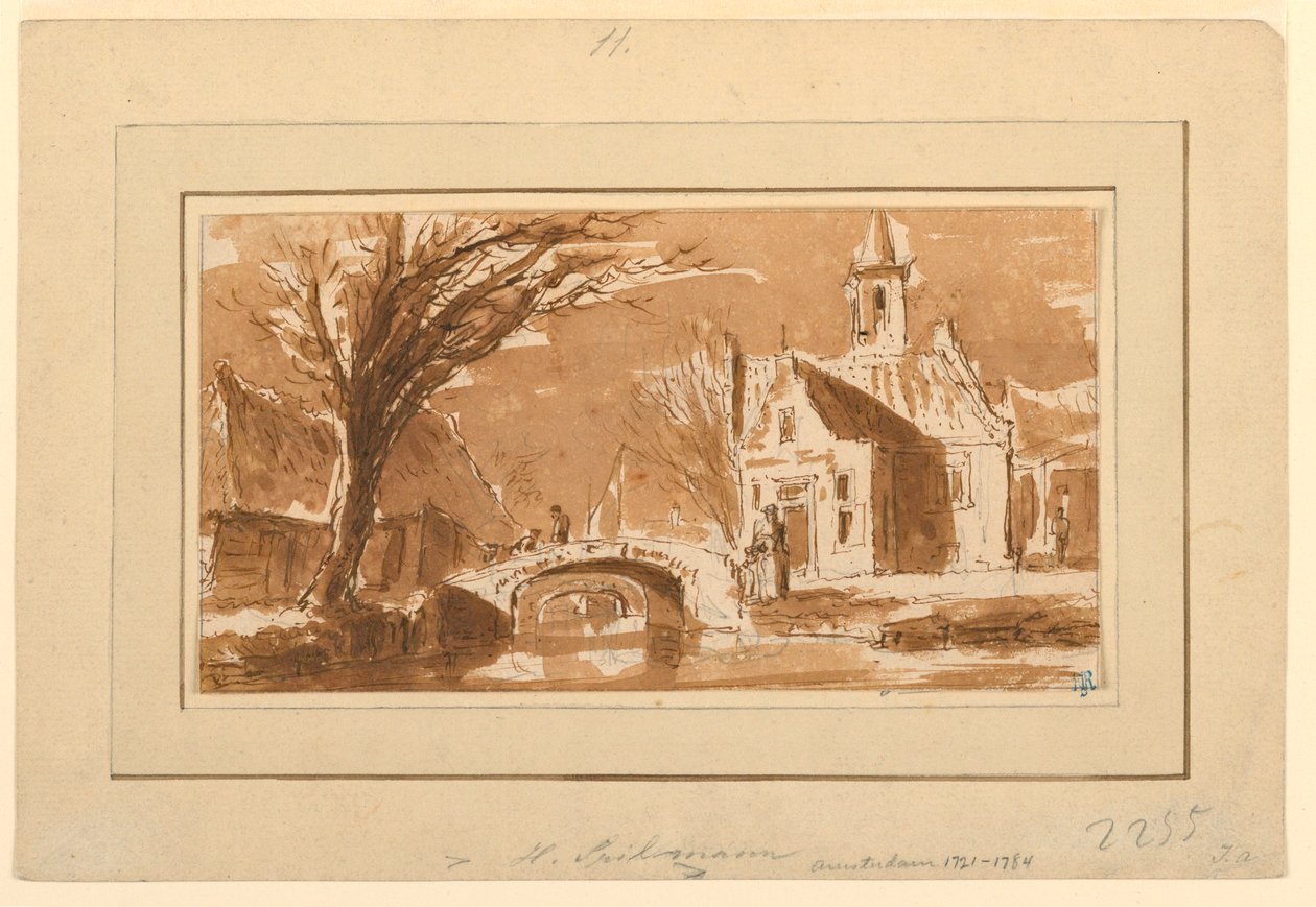 Rajz, város a csatornán, 1750-70 alkotó: Hendrik Spilman