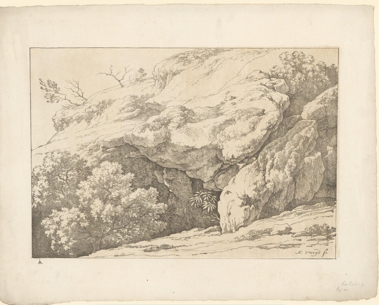 Sziklák bokrokkal Tentamina Lithographica (sorozat címe) Olasz tájak (sorozat címe) alkotó: Hendrik Voogd