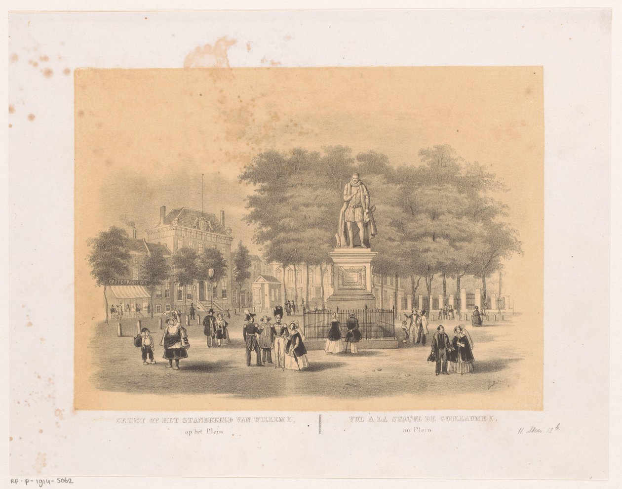 Kilátás a hágai pleinre I. Willem szobrával Kilátás I. Vilmos szobrára a téren (cím a tárgyon) alkotó: Hendrik Wilhelmus Last (attributed to)