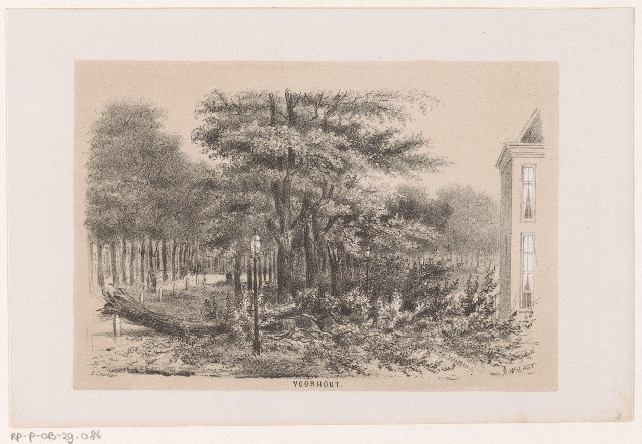 Az 1860. május 28-i vihar után lerobbant egy fa Voorhout közelében Voorhout (cím az objektumon) Tíz litografált vázlatot tartalmazó album, amely a pusztulás Tooneelenjét ábrázolja, akit felkavart az 1860. május 28-i vihar a Gravenhaagsche Boschban, Schevbe alkotó: Hendrik Wilhelmus Last