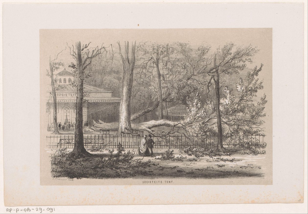 Az 1860. május 28-i vihar után kidőlt a fa a klubnál Szociális sátor (cím az objektumon) Tíz litografált vázlatot tartalmazó album, amely a pusztulás Tooneelenjét ábrázolja, akit felkavart az 1860. május 28-i vihar a Gravenhaagsche Boschban. alkotó: Hendrik Wilhelmus Last