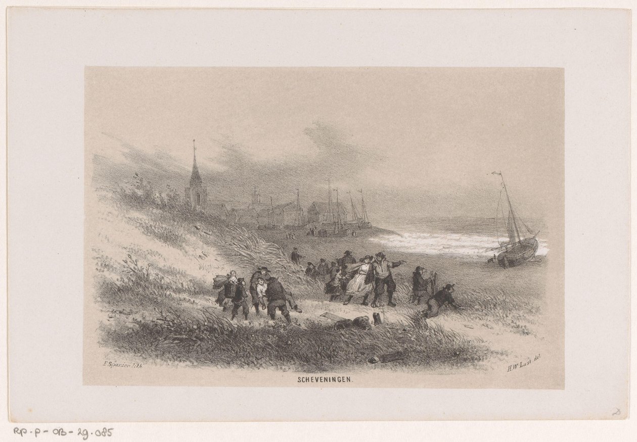 Scheveningen az 1860. május 28-i vihar idején Scheveningen (cím a tárgyon) Tíz litografált vázlatot tartalmazó album, amely a pusztulás Tooneelenjét ábrázolja, akit felkavart az 1860. május 28-i vihar a scheveningeni Gravenhaagsche Boschban, alkotó: Hendrik Wilhelmus Last