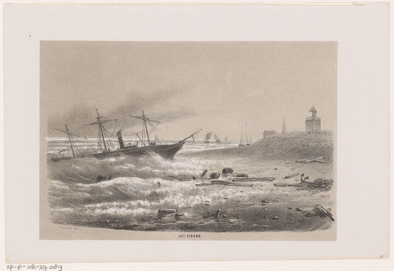 Az 1860. május 28-i viharban bajba jutott hajó a tengerparton The Beach (cím az objektumon) Tíz litografált vázlatot tartalmazó album, amely a pusztulás Tooneelenjét ábrázolja, akit felkavart az 1860. május 28-i vihar a Gravenhaagsche Bosc-ban. alkotó: Hendrik Wilhelmus Last