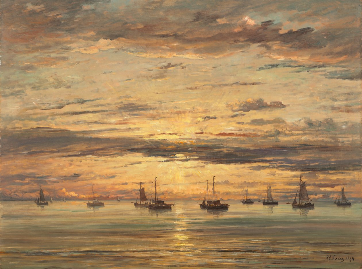 Naplemente Scheveningenben: Horgászhajó-flotta horgonyban alkotó: Hendrik Willem Mesdag