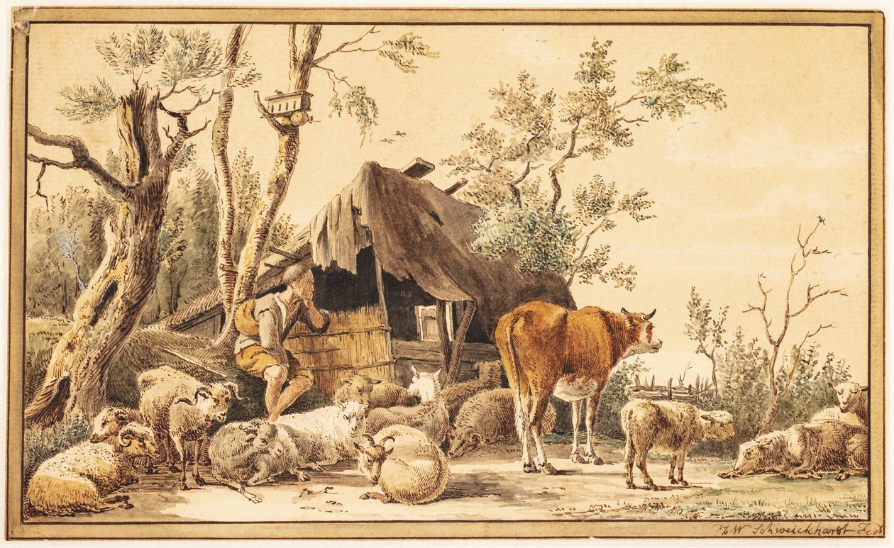 Egy pásztor a nyájával egy fészer mellett alkotó: Hendrik Willem Schweickhardt