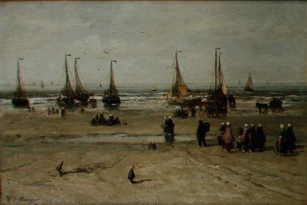 Tengerparti táj halászhajókkal és halászokkal alkotó: Hendrik William Mesdag