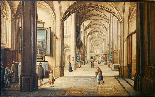 Templombelső sekrestyésszel, amely egy festményt mutat a látogatóknak, 1608 (olaj, kártya) alkotó: Hendrik the Younger Steenwyck