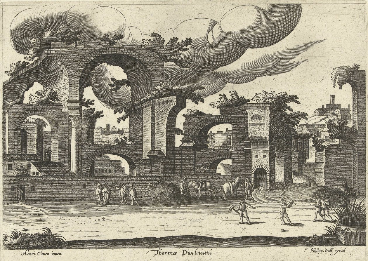 Diocletianus fürdőjének romjai oldalról, két krokettező férfival az előtérben, 1585. alkotó: Hendrik van Cleve III