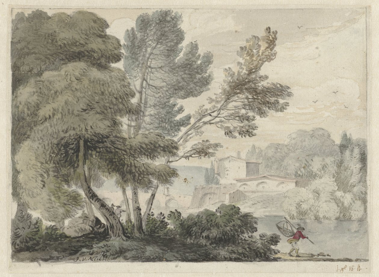 Folyói táj egy emberrel az előtérben egy leszállóhálóval alkotó: Hendrik van der Straaten (possibly)