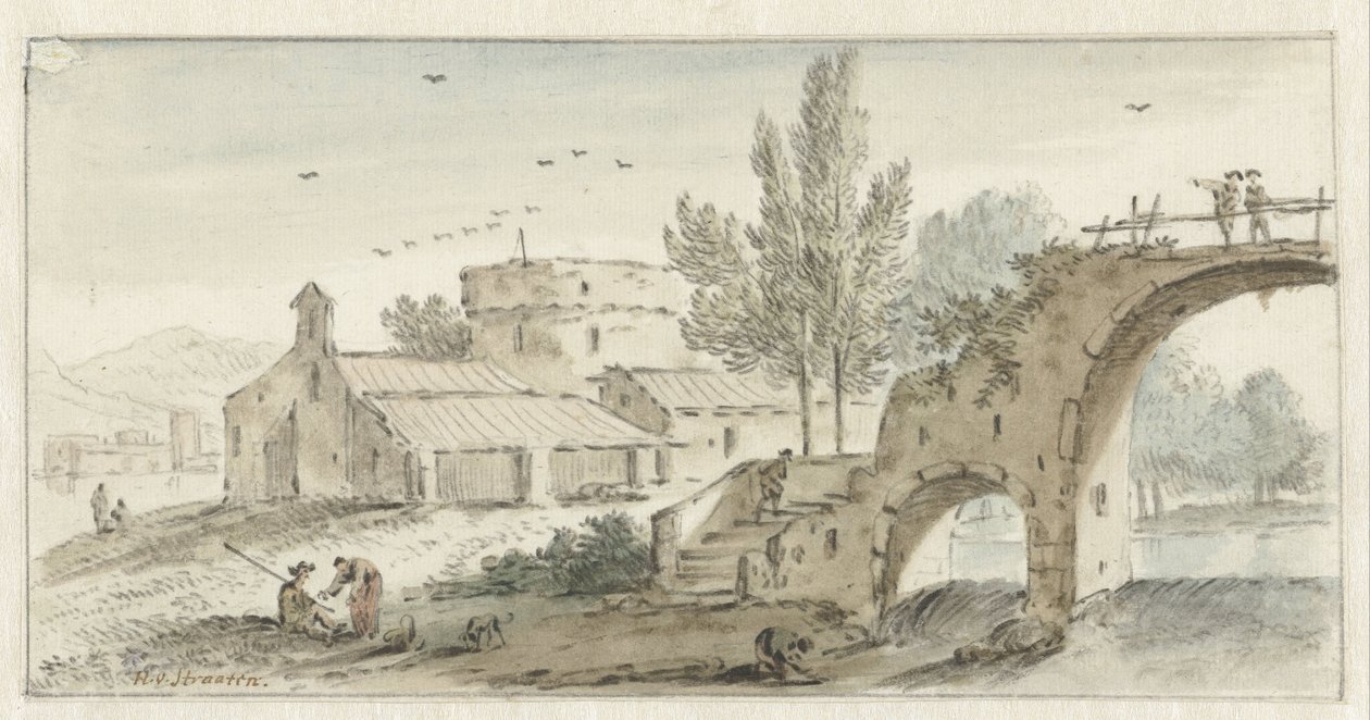 Olasz táj kőhíddal alkotó: Hendrik van der Straaten