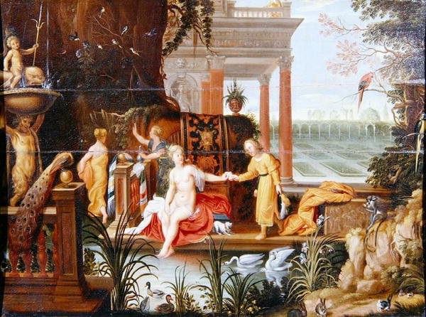 Bathsheba a medencénél a kísérőivel (olaj a panelen) alkotó: Hendrik van the Elder Balen