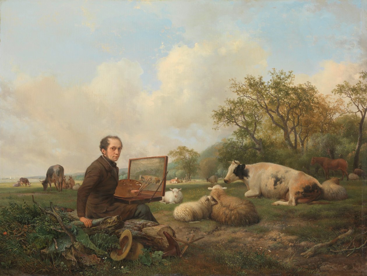 A művész tehenet fest a réten alkotó: Hendrikus van de Sande Bakhuyzen (signed by artist)