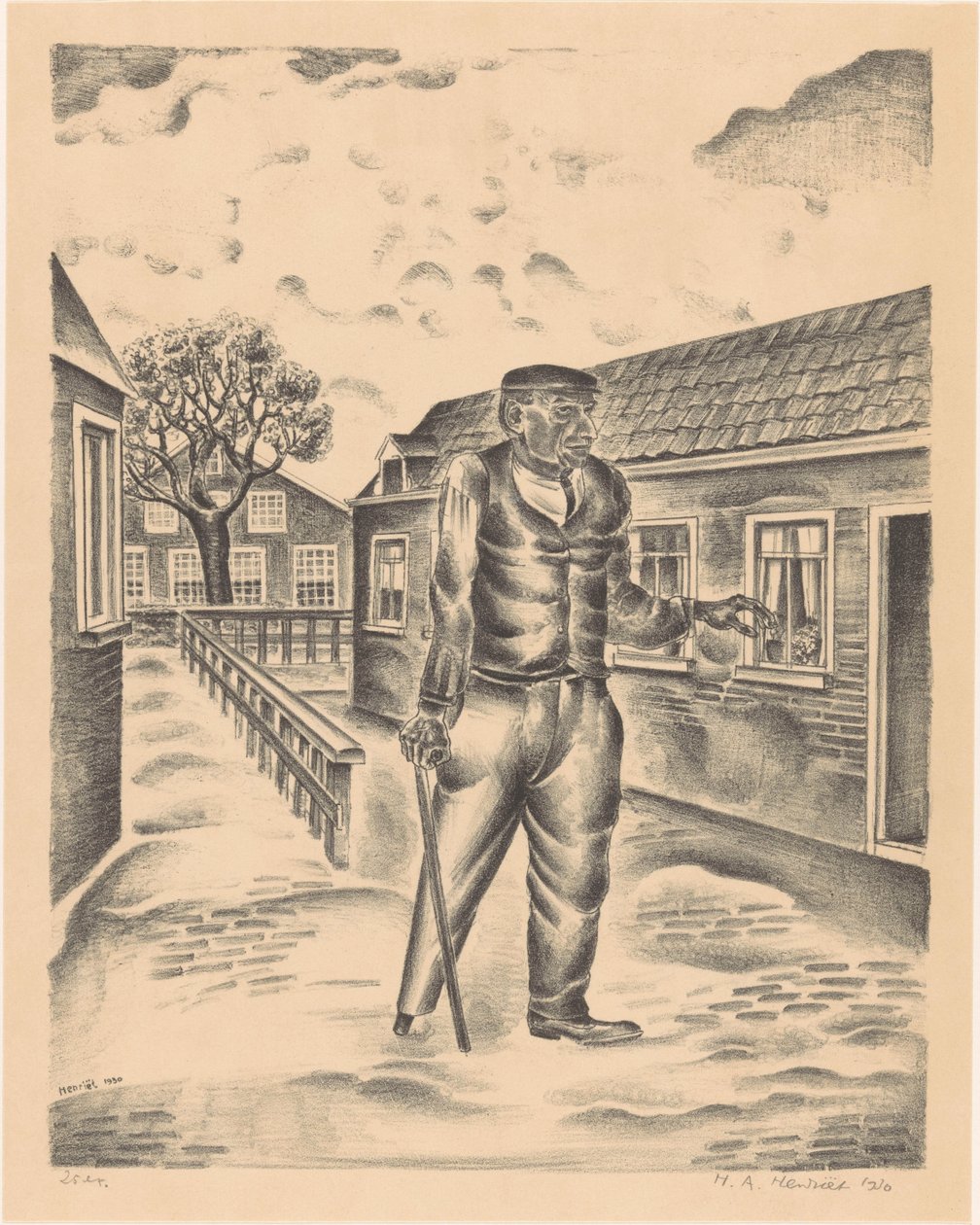 Férfi fa lábbal és sétabottal alkotó: Henk Henriët (signed by artist)