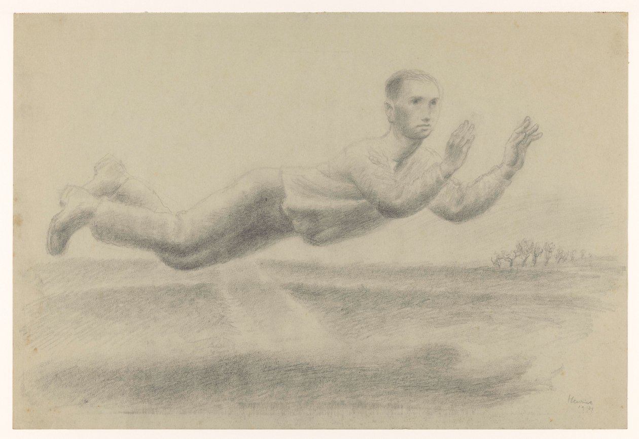 Önarckép felemelt kézzel lebeg a tájon alkotó: Henk Henriët (signed by artist)