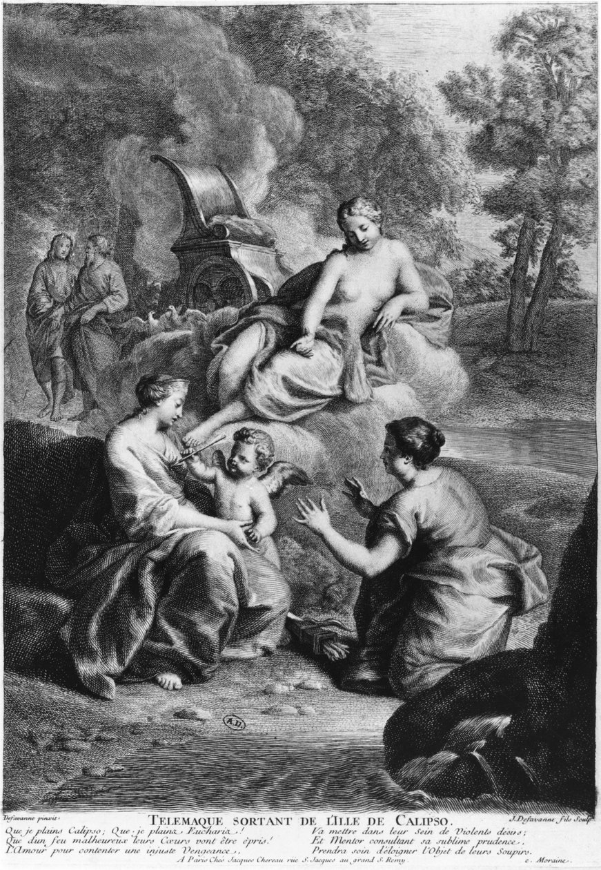 Telemachus elhagyja Calypso szigetét, Jacques de Favanne (1716-1770) által metszett Francois de Salignac de la Mothe Fenelon (1651-1715) illusztrációja a Telemachus kalandjaiból alkotó: Henri Antoine de Favanne