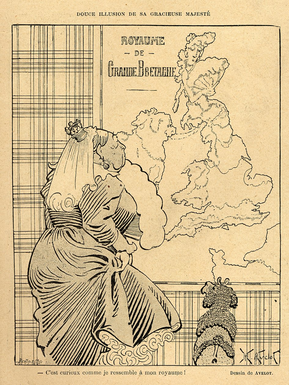 Karikatúra Viktória királynőről, a "Le Rire"-ből, 1899. április 22. alkotó: Henri Avelot