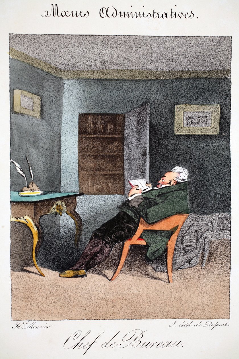 Irodavezető, illusztráció Henri Monnier „Mores Administratives, Dessinées szerint természet szerint”, litografálta Delpech, pub. Párizs, 1828 körül (kézzel színezett litó) alkotó: Henri Bonaventure Monnier