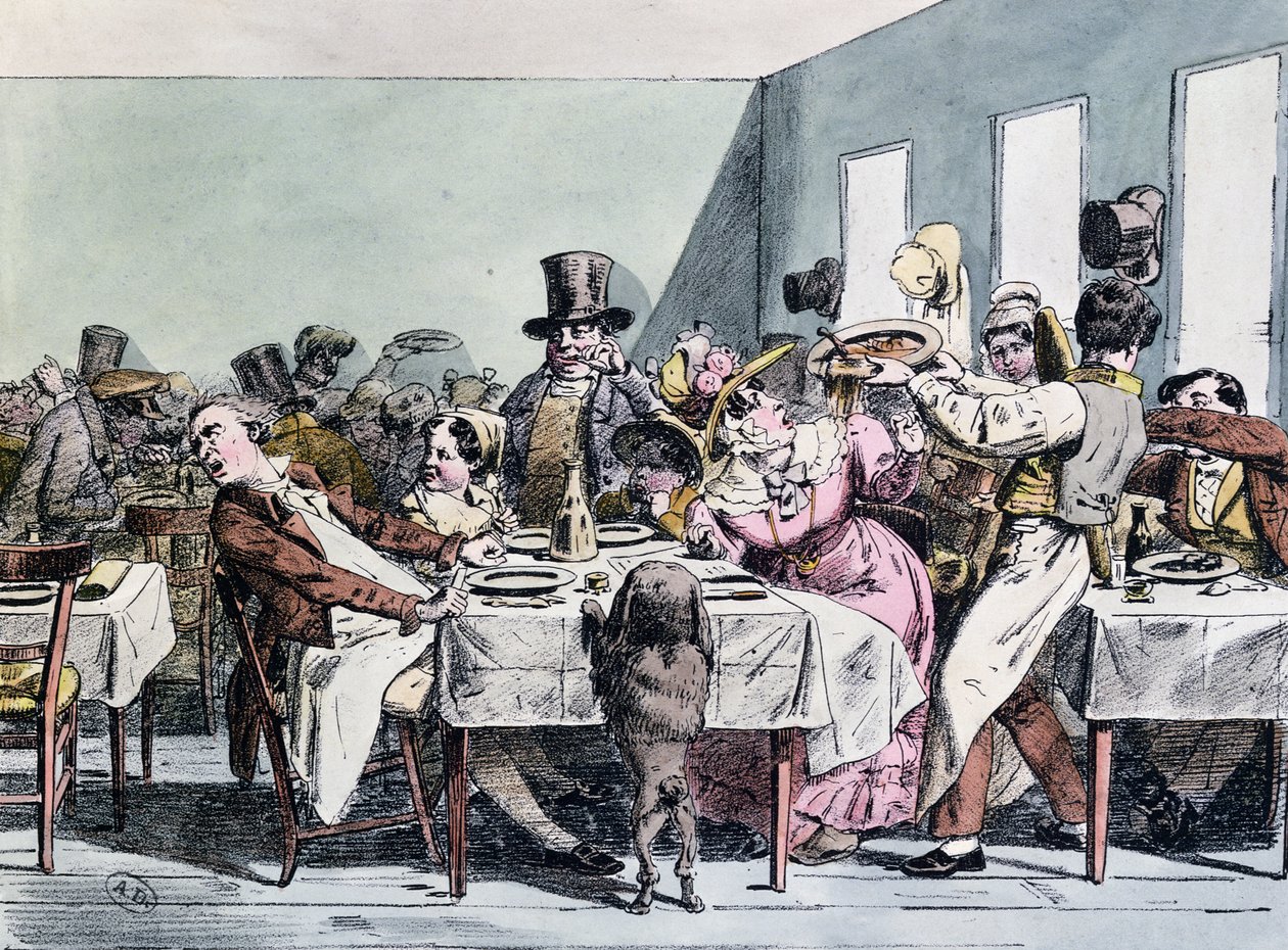 Egy család elragadó élménye egy zsúfolt étteremben, 1860 körül alkotó: Henri Bonaventure Monnier