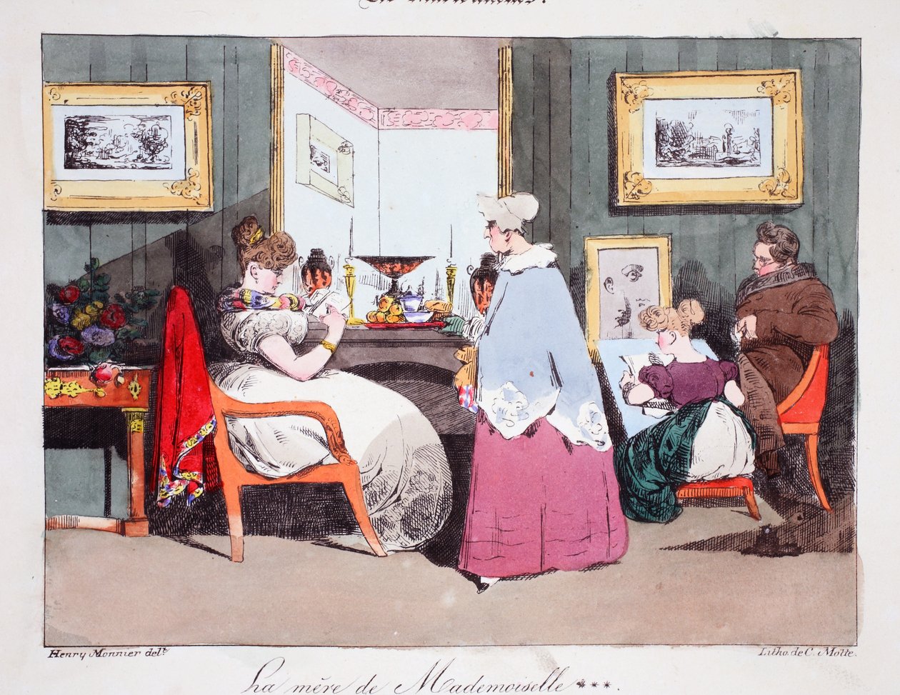 Mademoiselle anyja, illusztráció Henri Monnier „Les Marionnettes” című művéből, Delpech litográfiája, pub. Párizs, 1828 körül (kézzel színezett litó) alkotó: Henri Bonaventure Monnier