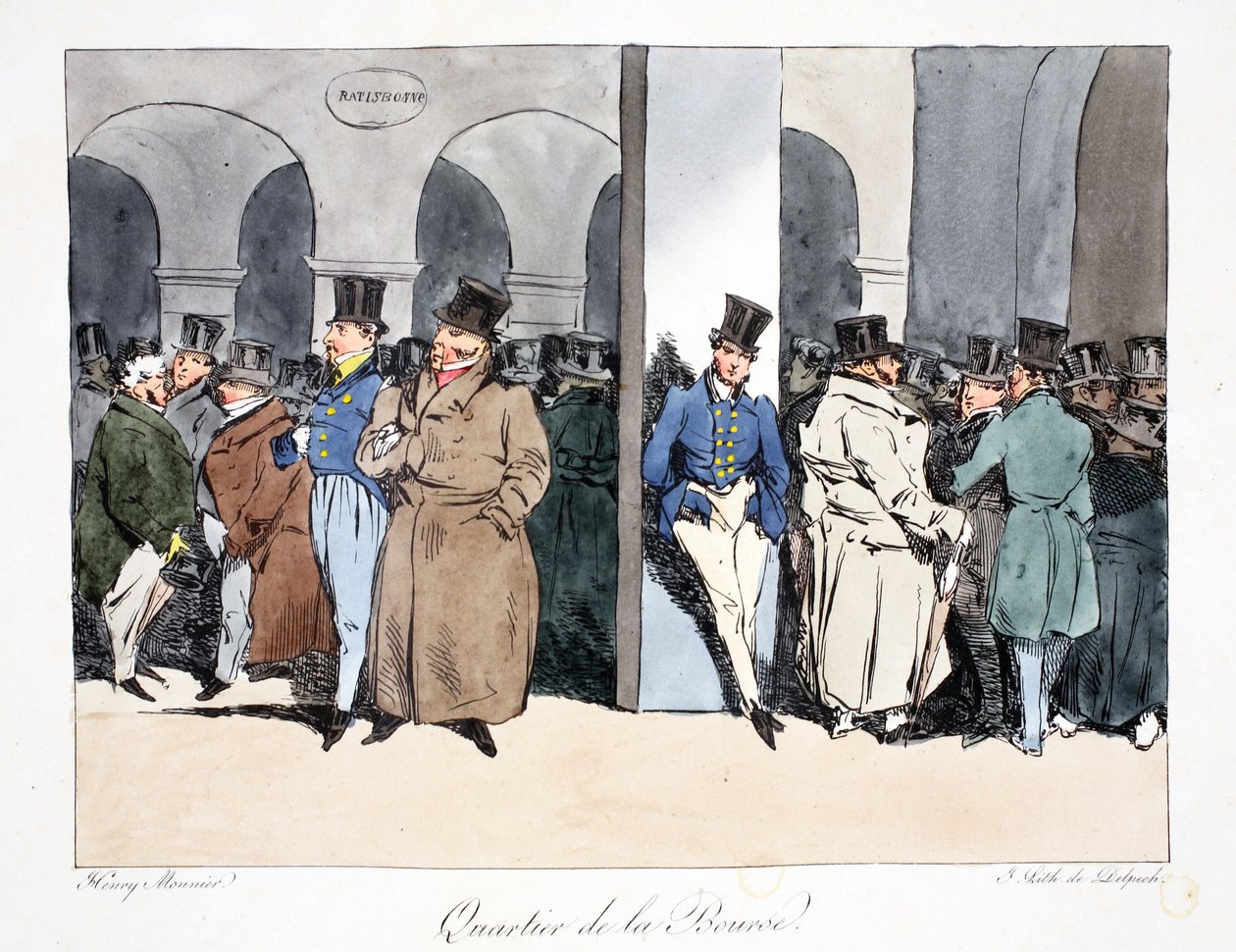 Quartier de la Bourse, illusztráció Henri Monnier "Six Quartiers de Paris" című művéből, litografálta F.S. Delpech, pub. Párizs, 1828 körül (kézzel színezett litográfia). alkotó: Henri Bonaventure Monnier