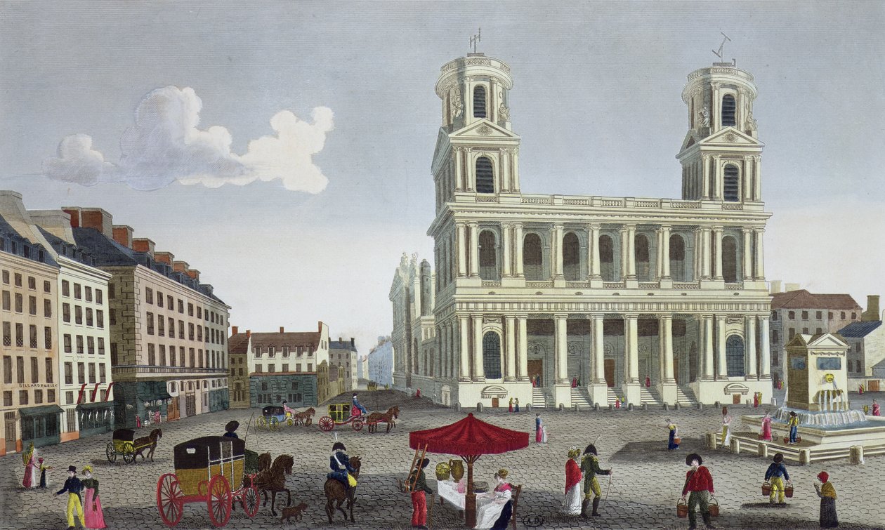 The Place Saint Sulpice, 1815-20 körül (színes metszet) alkotó: Henri Courvoisier Voisin