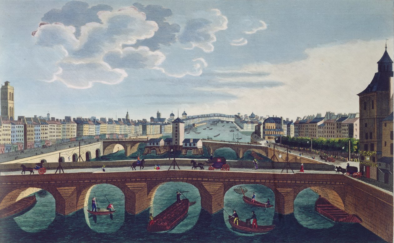 A Pont au Change és a Pont Notre Dame, 1815-20 körül (színes metszet) alkotó: Henri Courvoisier Voisin