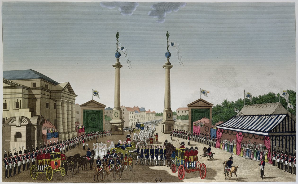 Párizs kulcsainak átadása XVIII. Lajos királynak (1755-1824) a Barriere Saint-Denis-ben 1814. május 3-án, 1815-20 körül (színes metszet) alkotó: Henri Courvoisier Voisin