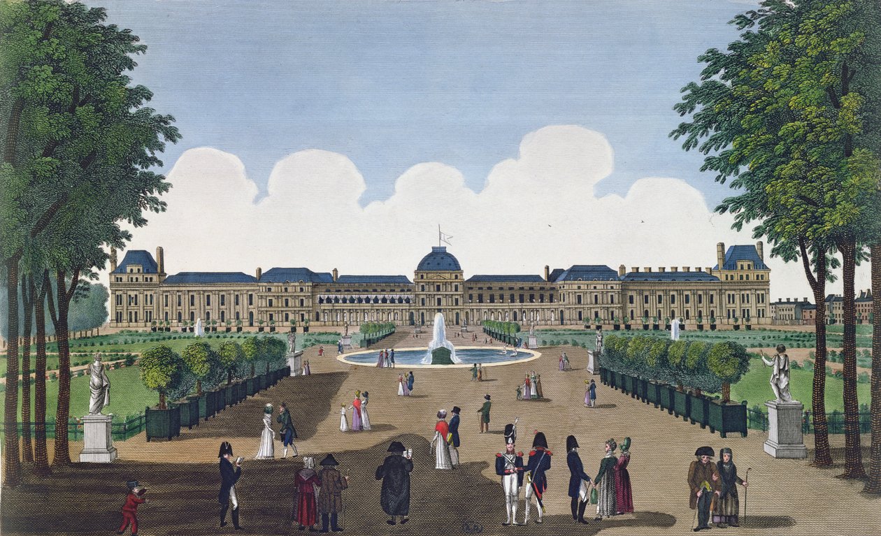 A Tuileriák és a Tuileriák kertje, 1815-20 körül (színes metszet) alkotó: Henri Courvoisier Voisin