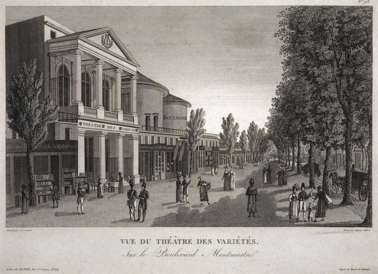 Theatre des Varietes, Boulevard Montmartre, Párizs, Eugene Aubert (1789-1847) metszete, 1810 körül. alkotó: Henri Courvoisier Voisin