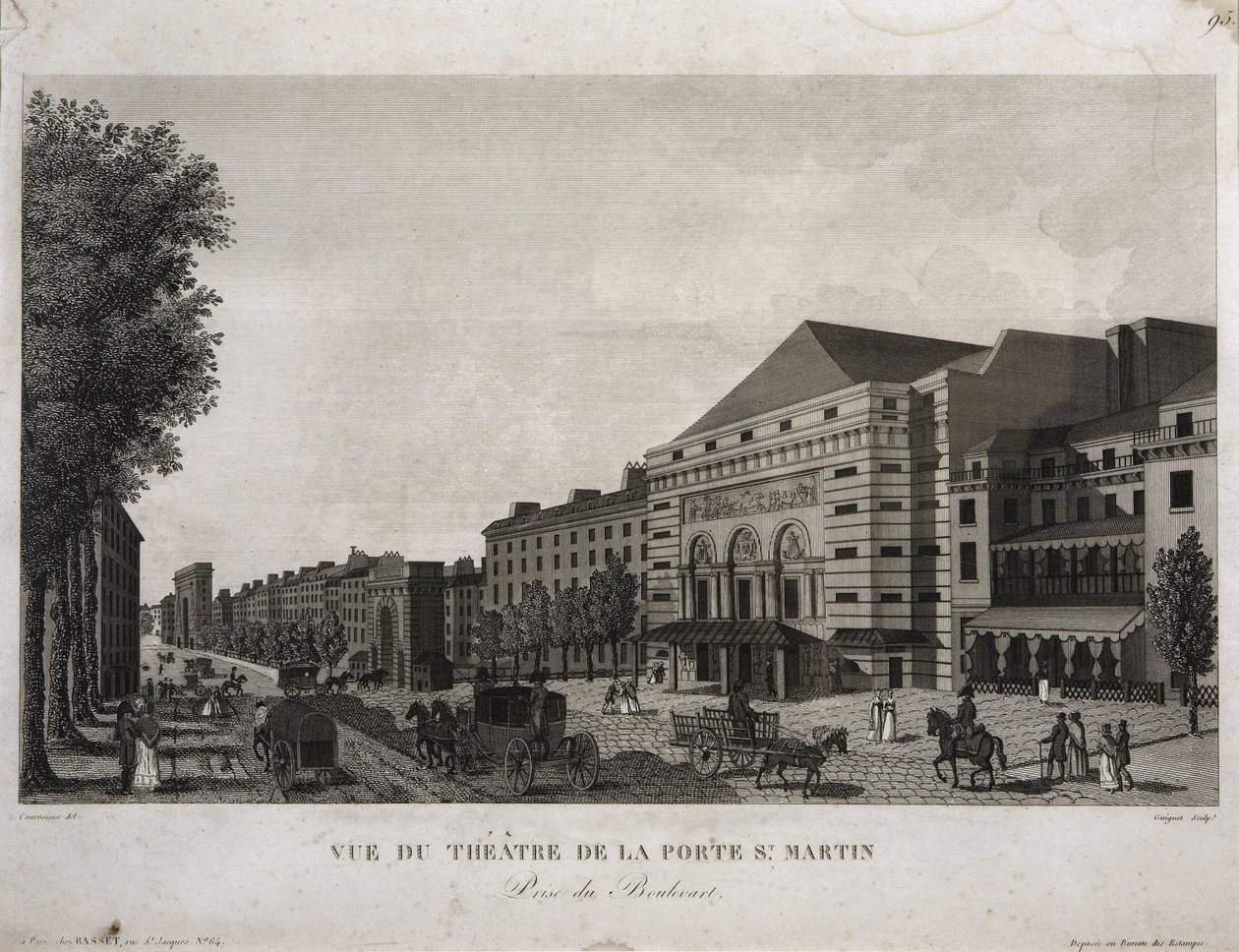 A Porte St. Martin színház, Boulevard Montmartre, Párizs, Guiguet metszete, 1810 körül. alkotó: Henri Courvoisier Voisin