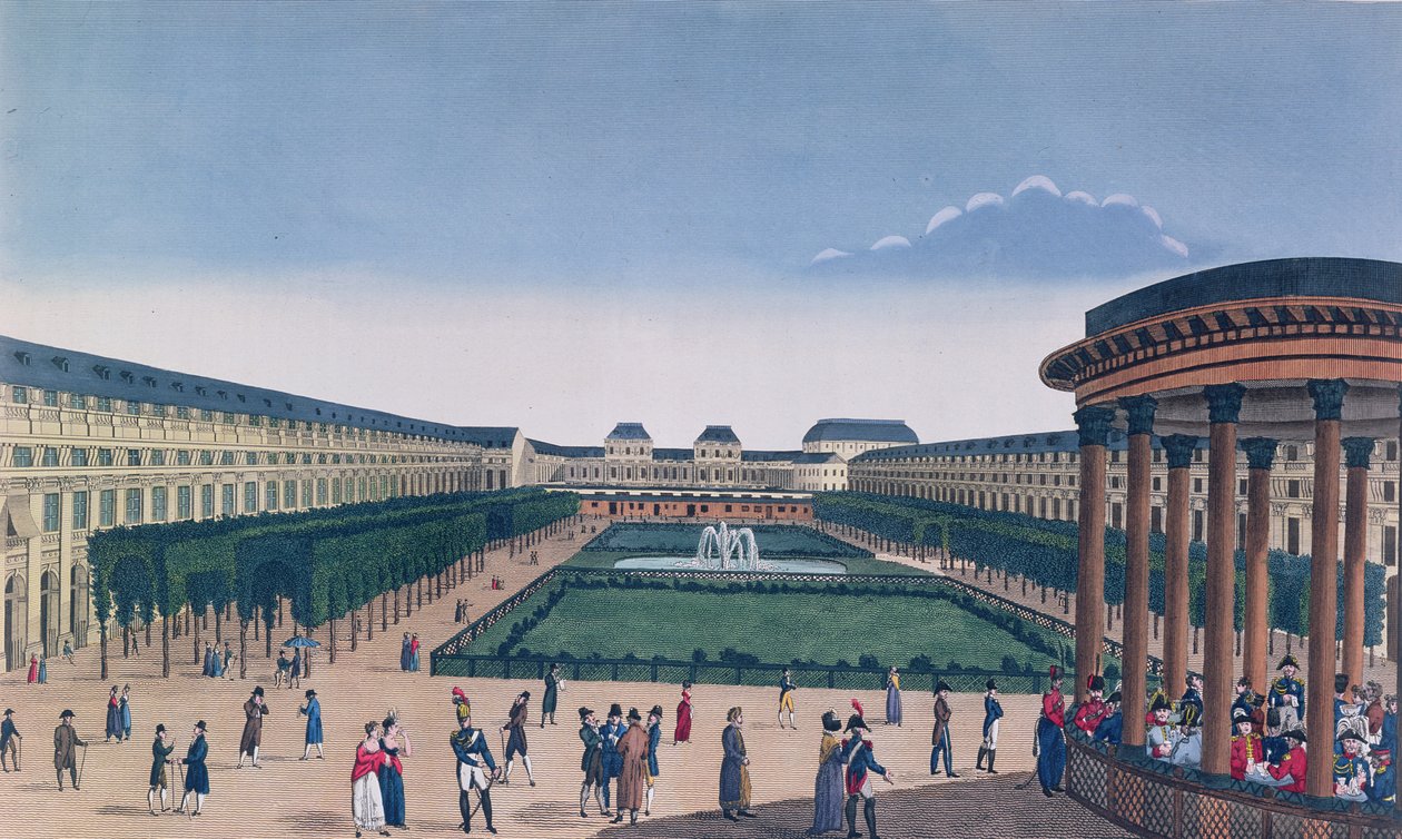 A Palais Royal kertjének látképe a Rotunda felől, Eugene Aubert metszete, 1820 körül. alkotó: Henri Courvoisier Voisin
