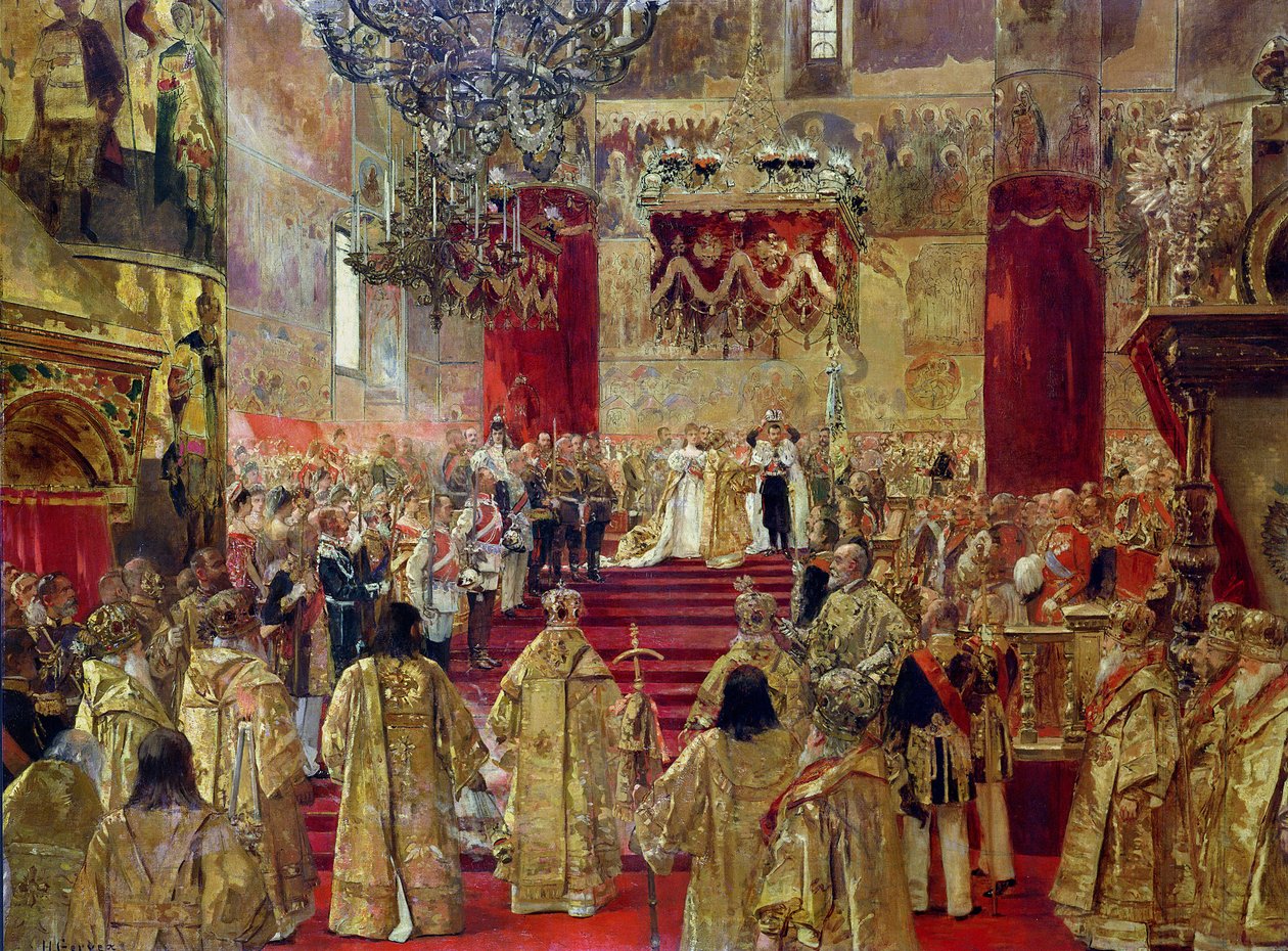 Tanulmány II. Miklós cár (1868-1918) és Alexandra cárnő (1872-1918) koronázására a moszkvai Nagyboldogasszony-templomban, 1896. május 14. alkotó: Henri Gervex