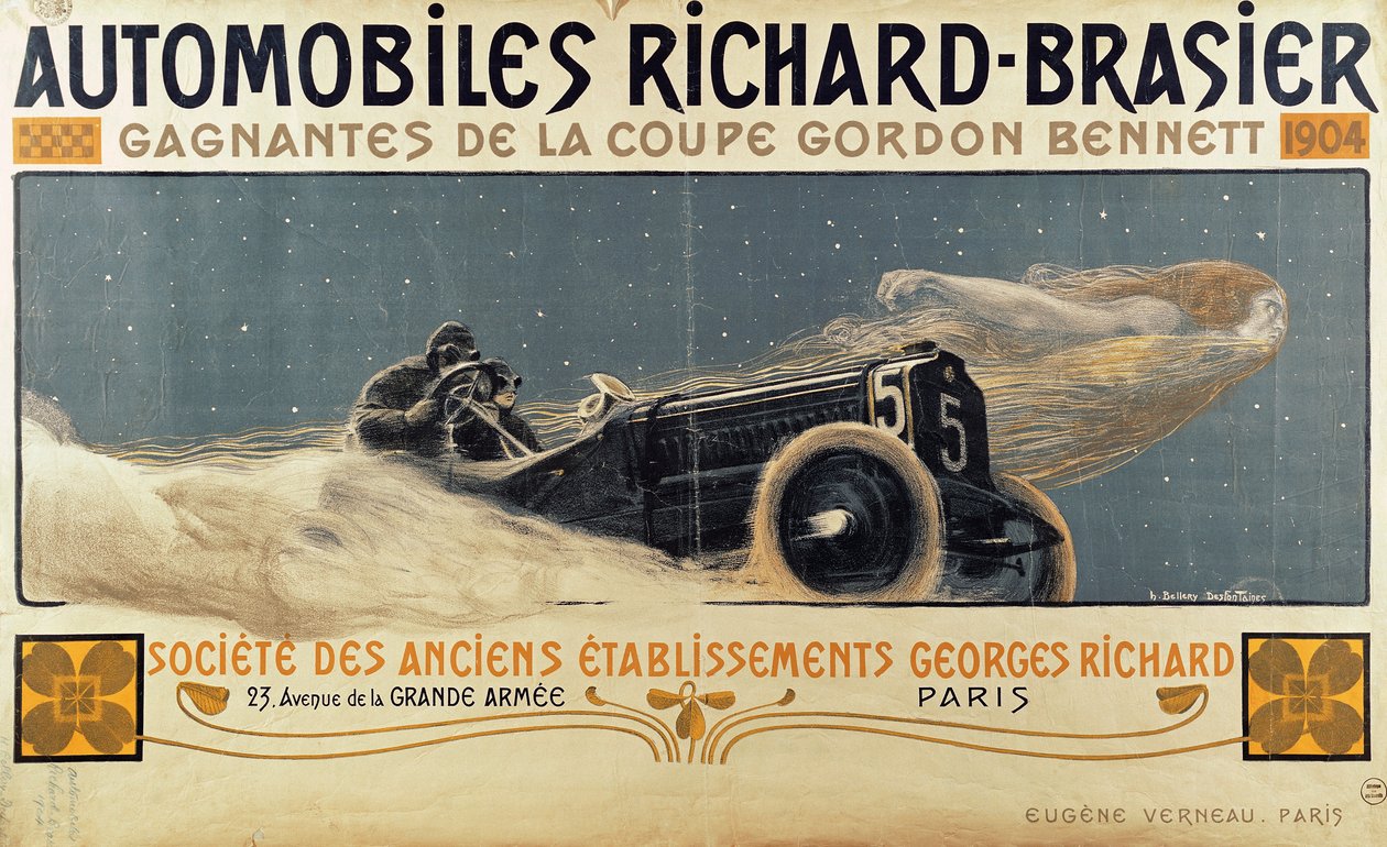 Poszter, amelyen az Automobiles Richard-Brasier látható, aki megnyerte a Gordon Bennett Kupát 1904-ben alkotó: Henri Jules Ferdinand Bellery Defonaines