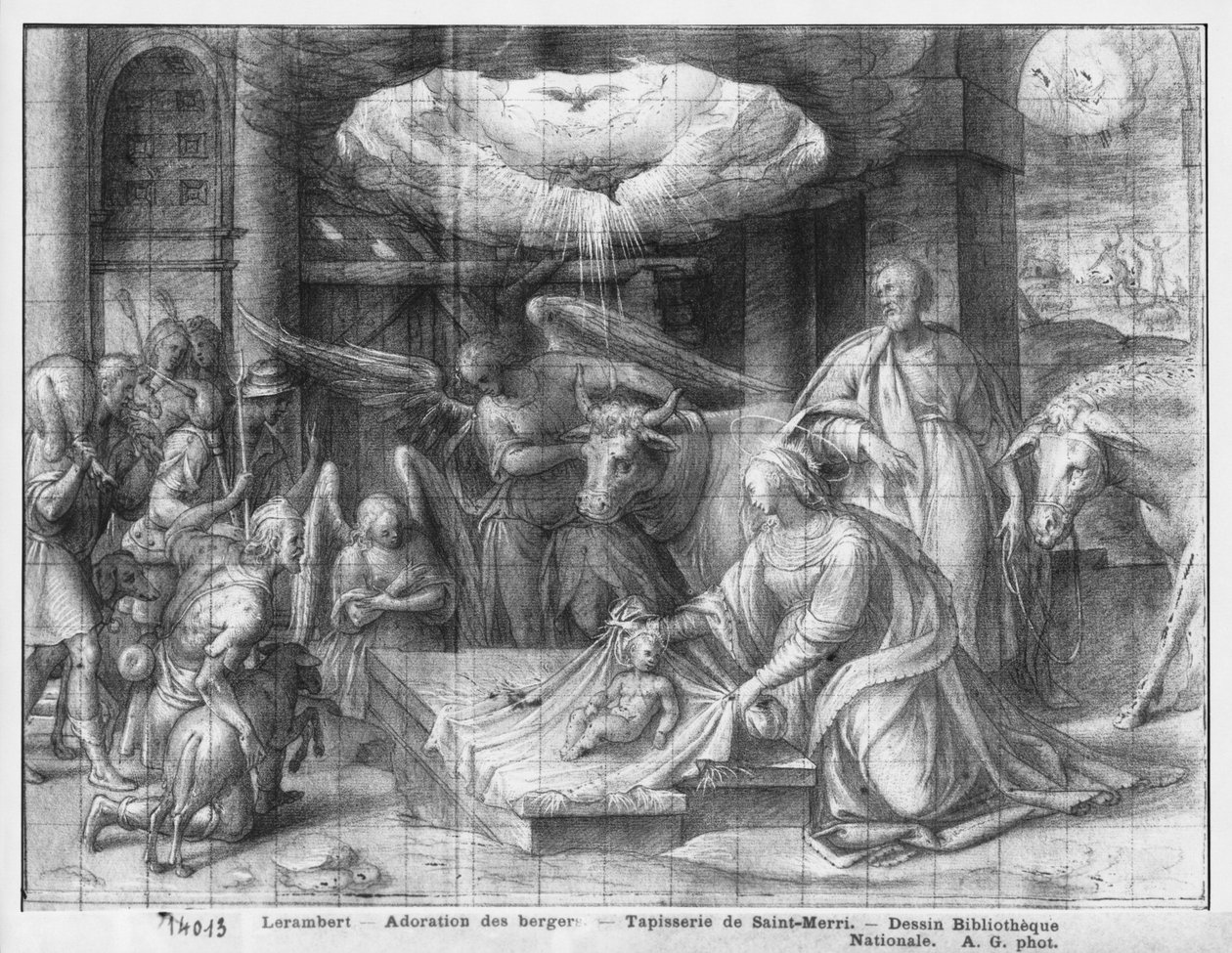 Krisztus élete, Pásztorok imádása, gobelin-rajzfilm előkészítő tanulmánya a párizsi Saint-Merri templomhoz, 1585-90 körül (pierre noire und wash és fehér kiemelések a papíron) alkotó: Henri Lerambert