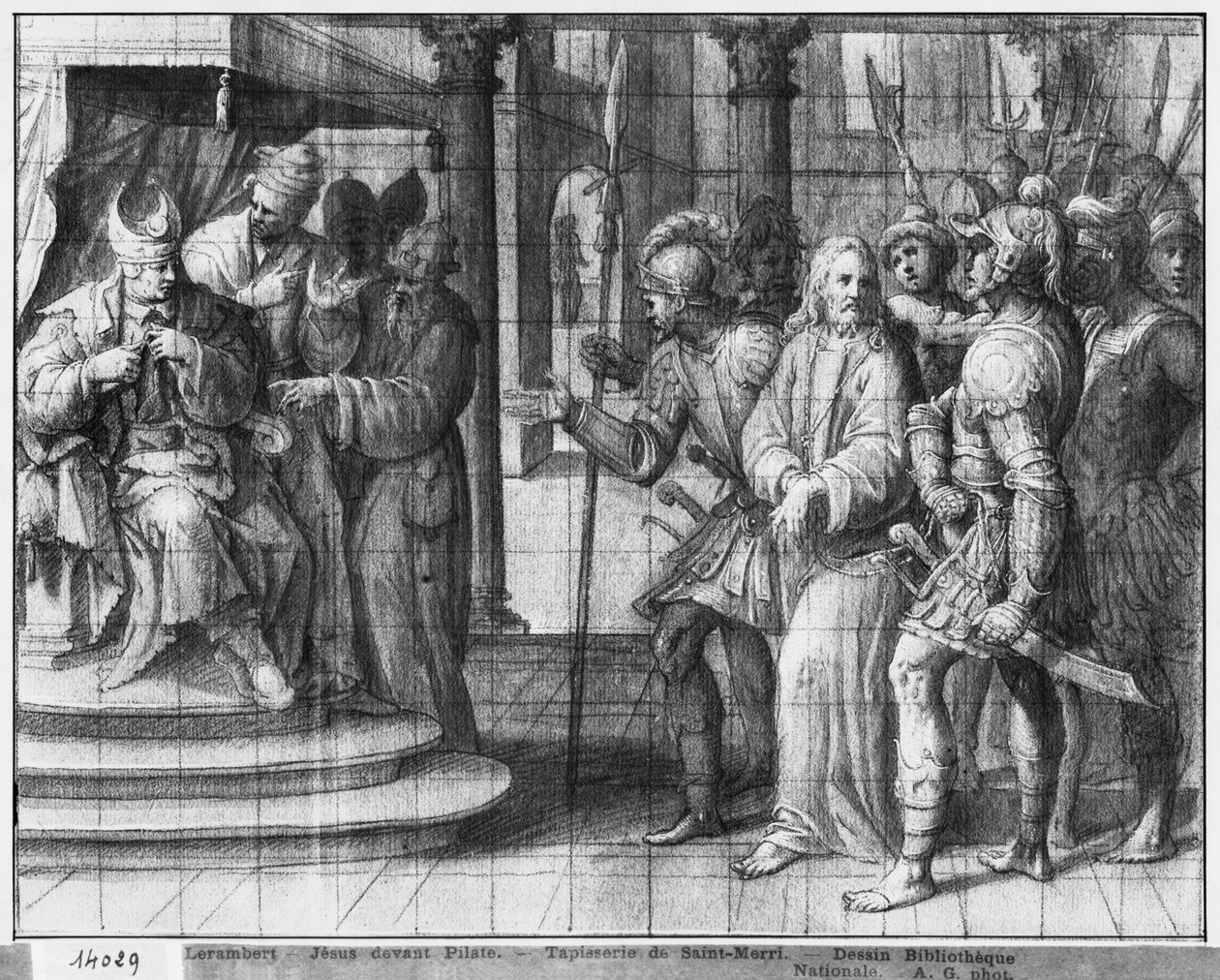Krisztus élete, Krisztus Poncius Pilátus előtt, gobelin-rajzfilm előkészítő tanulmánya a párizsi Saint-Merri templom számára, 1585-90 körül (pierre noire und wash és fehér kiemelések a papíron) alkotó: Henri Lerambert