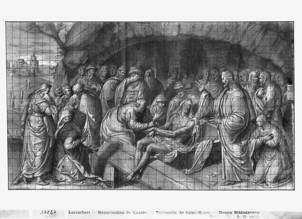 Krisztus élete, Krisztus feltámadó Lázár a halálból, gobelin-rajzfilm előkészítő tanulmánya a párizsi Saint-Merri templomhoz, 1585-90 körül (pierre noire, mosás és fehér kiemelések a papíron) alkotó: Henri Lerambert