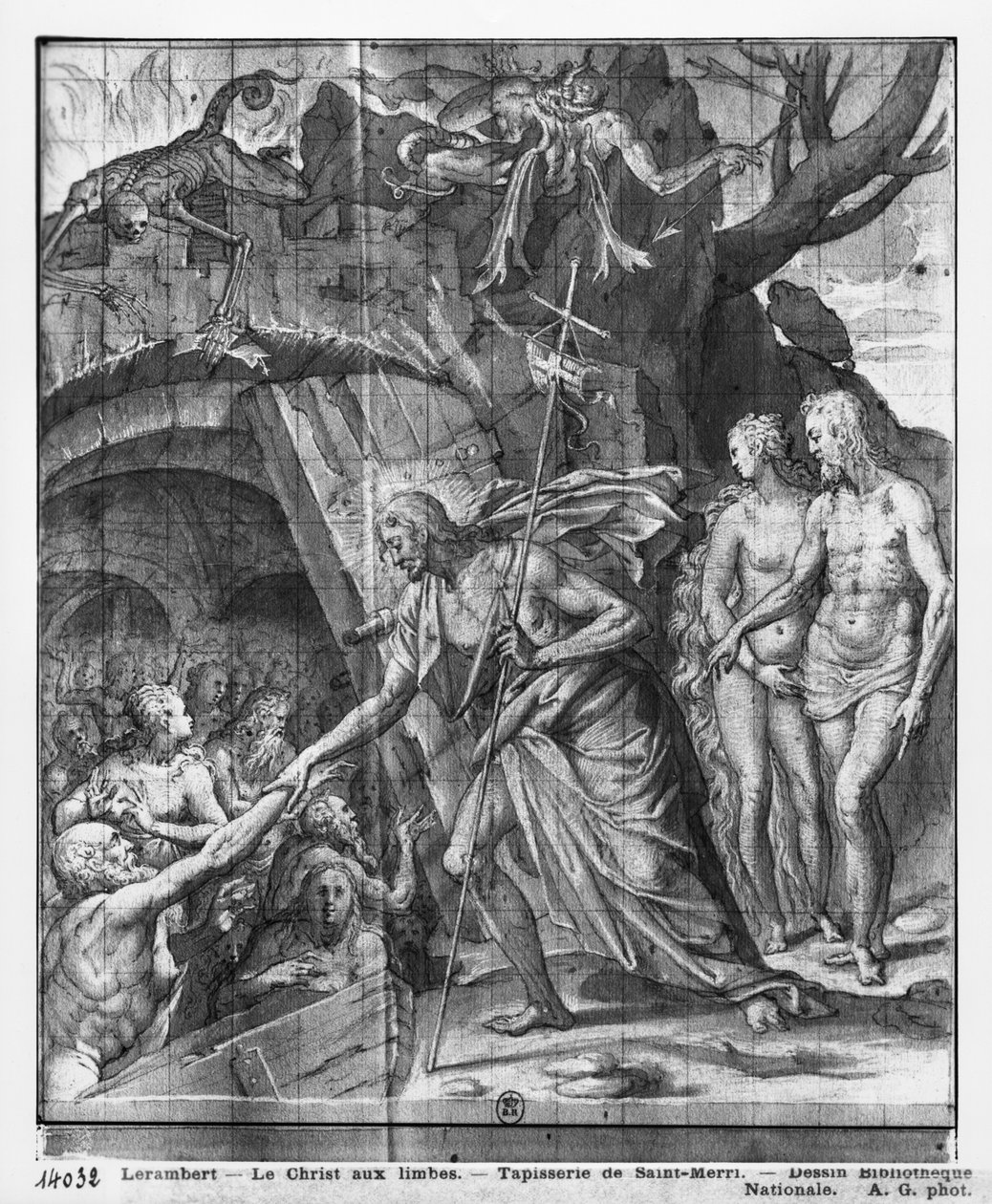 Krisztus élete, Krisztus leszállása Limbóba, gobelin-rajzfilm előkészítő tanulmánya a párizsi Saint-Merri templom számára, 1585-90 körül (pierre noire, mosás és fehér kiemelések a papíron) alkotó: Henri Lerambert