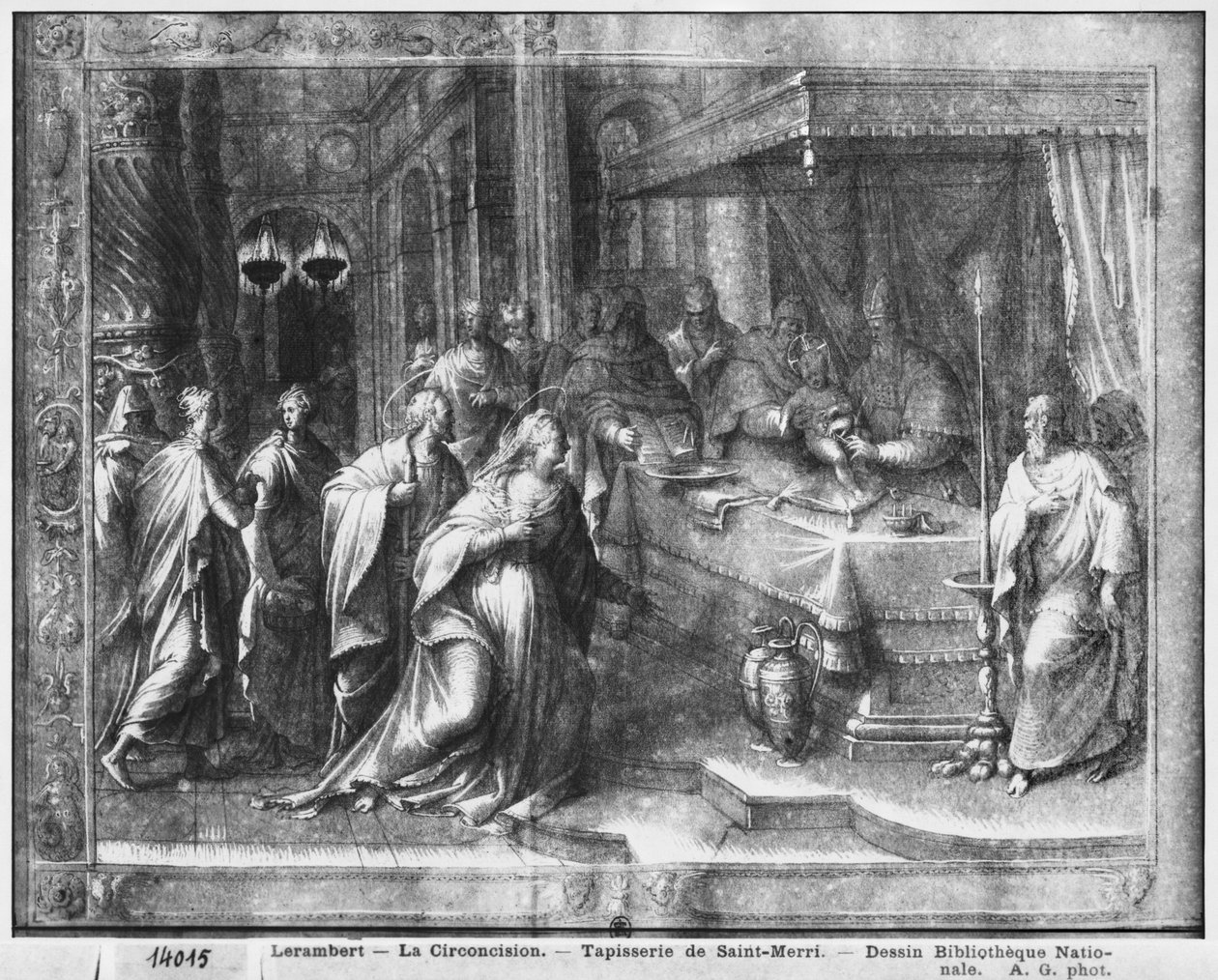 Krisztus élete, körülmetélés, gobelin-rajzfilm előkészítő tanulmánya a párizsi Saint-Merri templom számára, 1585-90 körül (pierre noire, mosás és fehér kiemelések a papíron) alkotó: Henri Lerambert