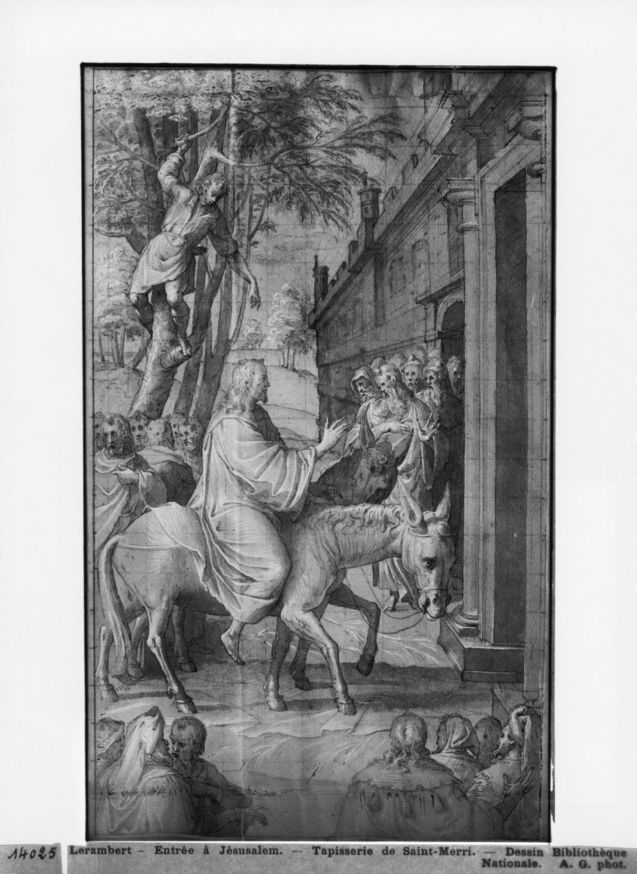 Krisztus élete, Krisztus bevonulása Jeruzsálembe, a párizsi Saint-Merri templom számára készült faliszőnyeg-karikatúra előkészítő tanulmánya, 1585-90 körül (pierre noire és mosás és fehér kiemelések, papír) alkotó: Henri Lerambert