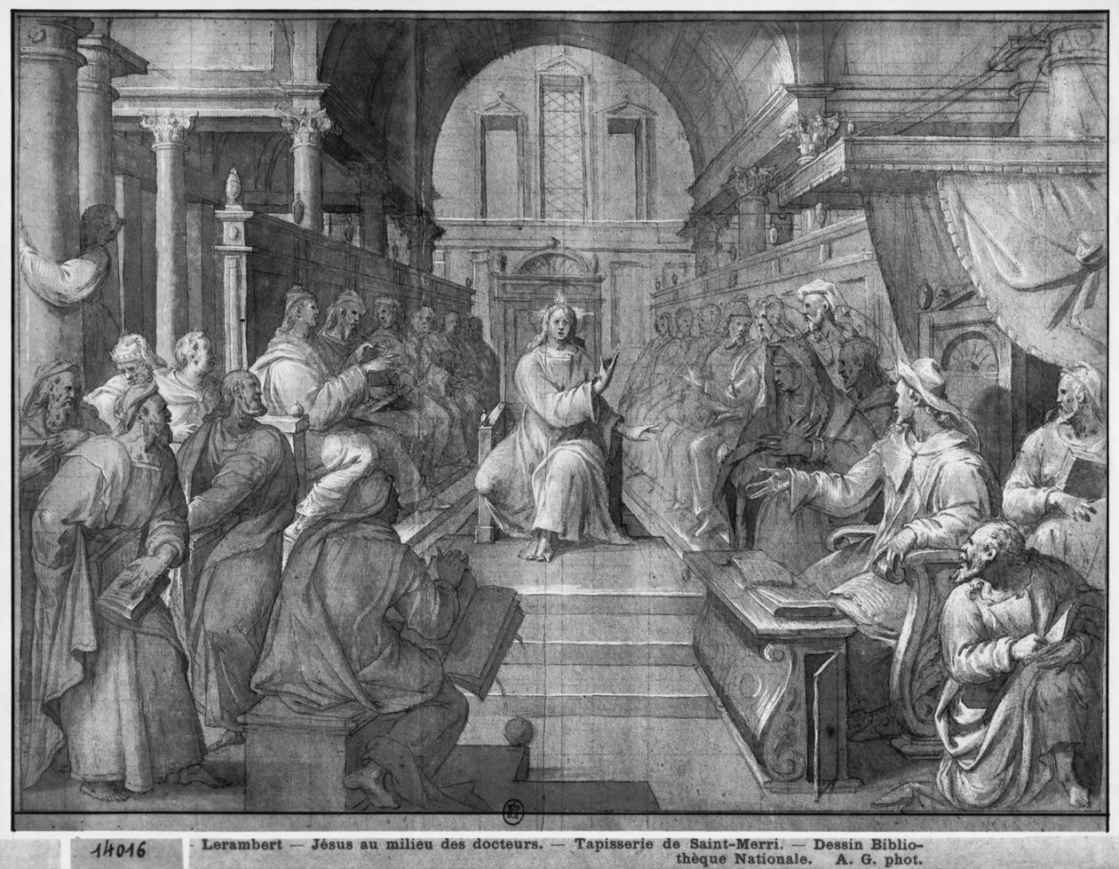 Krisztus élete, Jézus az orvosok között, gobelin-rajzfilm előkészítő tanulmánya a párizsi Saint-Merri templom számára, 1585-1590 körül (pierre noire und wash és fehér kiemelések papíron) alkotó: Henri Lerambert