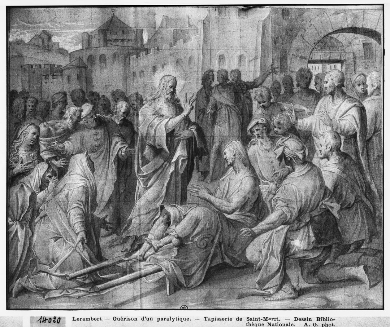 Krisztus élete, Jézus meggyógyít egy bénát Kapernaumban, gobelin-rajzfilm előkészítő tanulmányozása a párizsi Saint-Merri templom számára, 1585-90 körül (pierre noire, mosás és fehér kiemelések a papíron) alkotó: Henri Lerambert