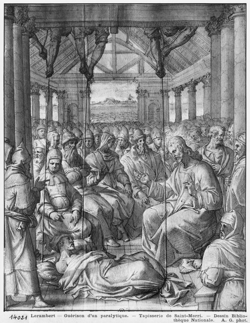 Krisztus élete, Jézus meggyógyít egy bénát Kapernaumban, gobelin-rajzfilm előkészítő tanulmányozása a párizsi Saint-Merri templom számára, 1585-90 körül (pierre noire, mosás és fehér kiemelések a papíron) alkotó: Henri Lerambert