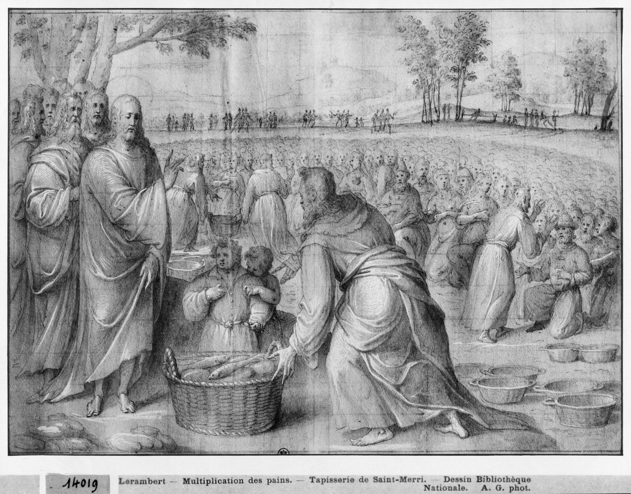 Krisztus élete, Kenyerek és halak szaporítása, gobelin-rajzfilm előkészítő tanulmánya a párizsi Saint-Merri templomhoz, 1585-90 körül (pierre noire, mosás és fehér kiemelések a papíron) alkotó: Henri Lerambert