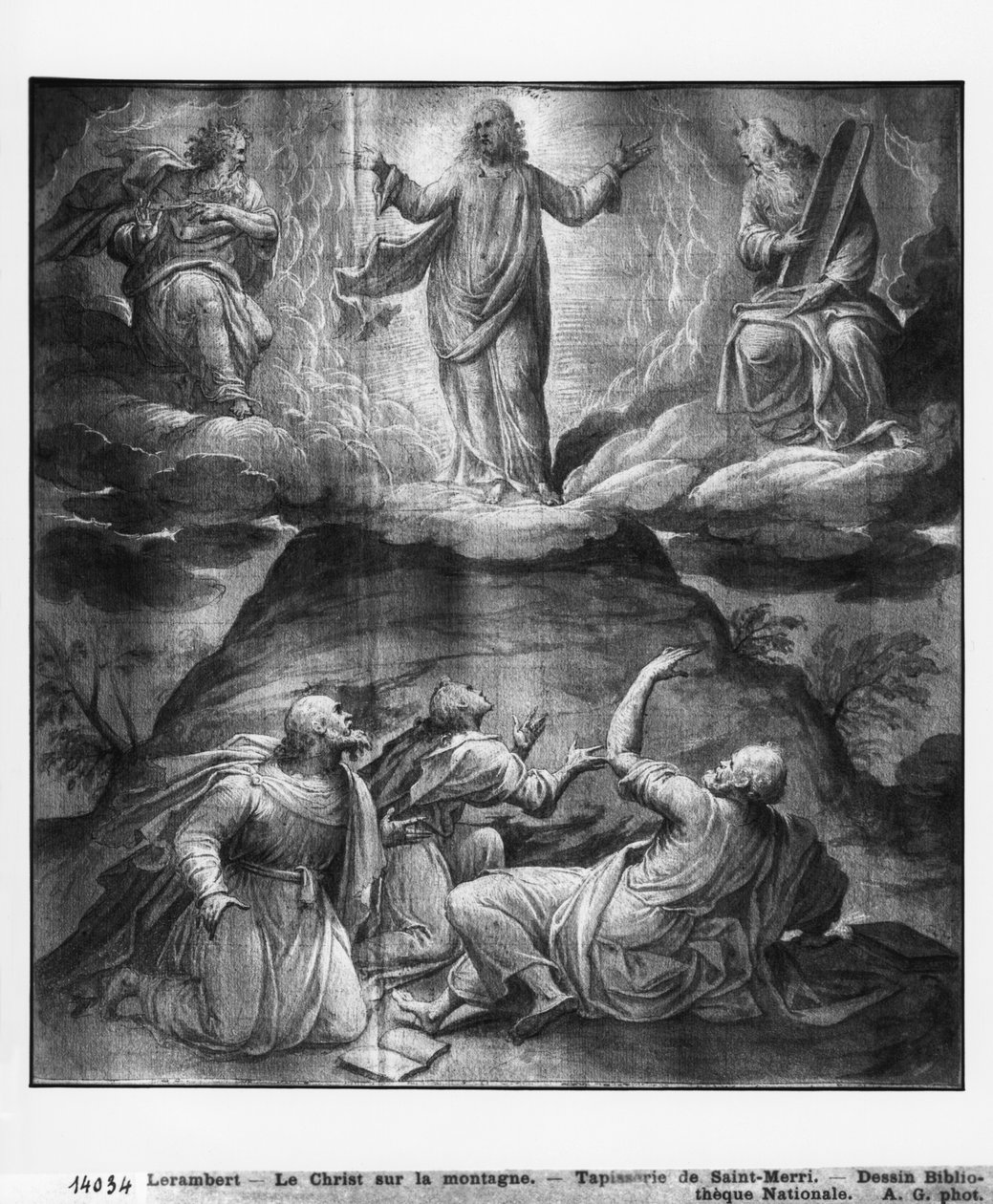 Krisztus élete, Krisztus átváltozása a Tábor-hegyen, a párizsi Saint-Merri templom számára készült faliszőnyeg-karikatúra előkészítő tanulmánya, 1585-90 körül (pierre noire és mosás és fehér kiemelések, papír). alkotó: Henri Lerambert