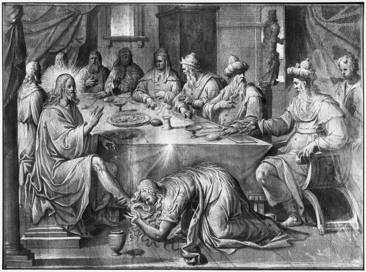 Krisztus élete, étkezés Simon farizeus házában, gobelin-rajzfilm előkészítő tanulmánya a párizsi Saint-Merri-templom számára, 1585-90 körül (pierre noire, mosás és fehér kiemelések a papíron) alkotó: Henri Lerambert