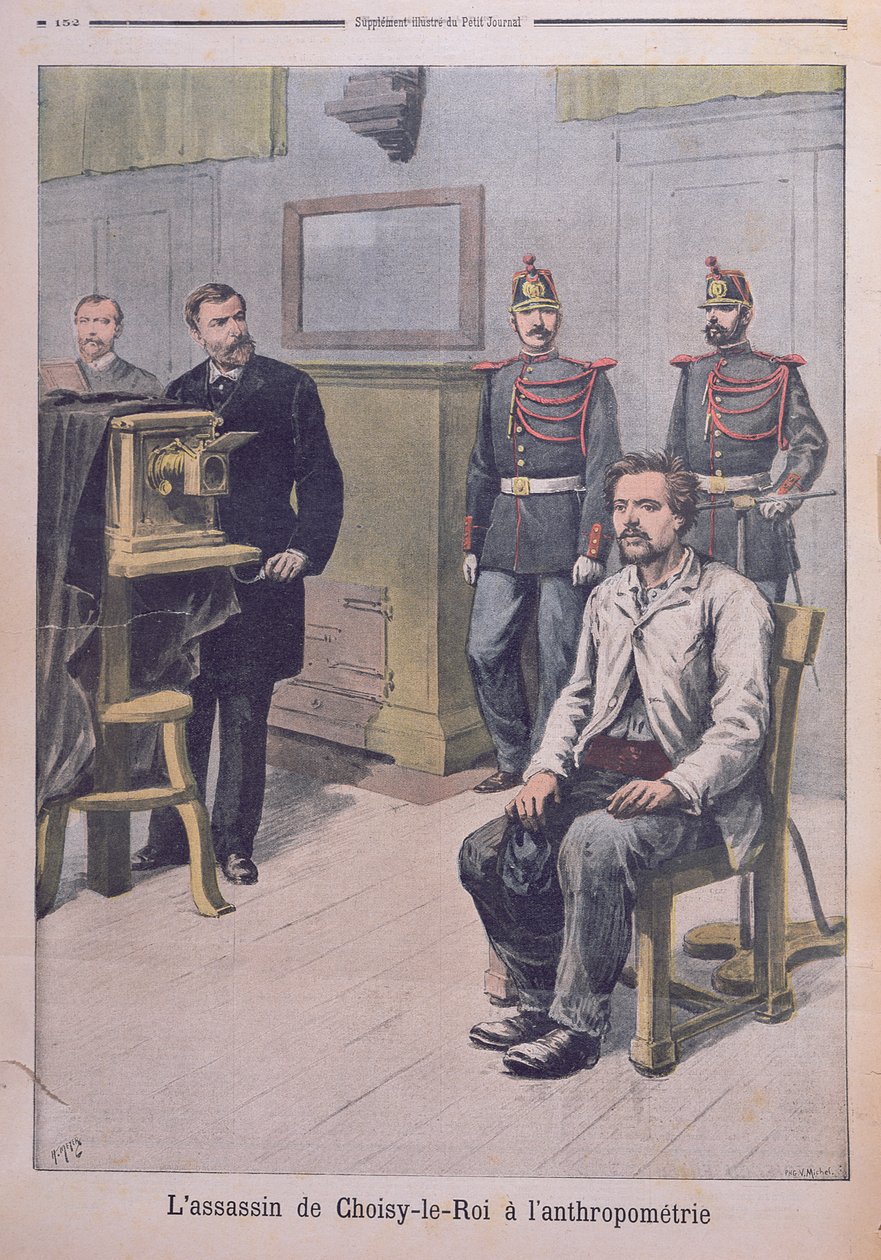 A Choisy-le-Roy-i gyilkos Bertillon professzor előtt fényképezkedik, a "Le Petit Journal"-ból, 1899. május 7. (színes litográfia) alkotó: Henri Meyer