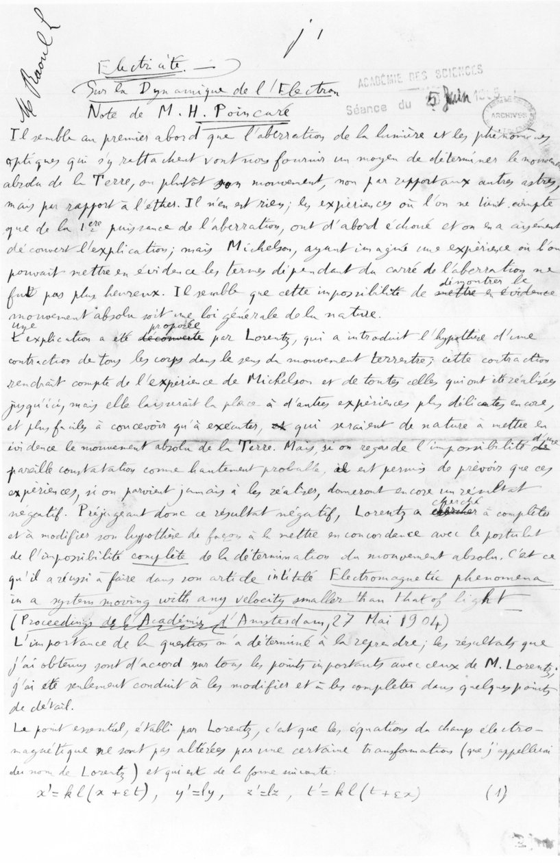 Kézirat az elektrondinamikáról, 1905. június 5. (toll és tinta papíron) alkotó: Henri Poincare