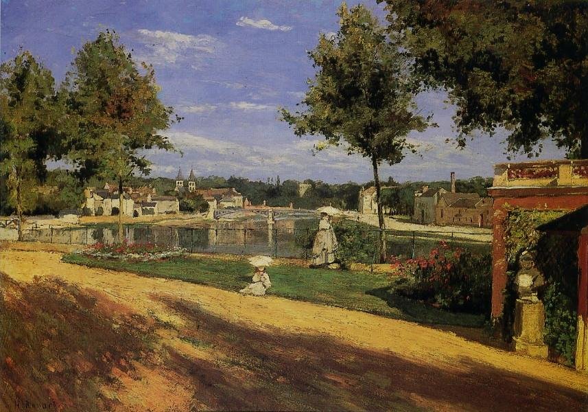 Terasz a Szajna partján MelunnFrancais -ban: La terrasse au bord de la Seine a Melun. A háttérben La Maison centrale de Melun a lile Saint-Etienne-en. Láthatunk néhány gyárat Vaux-le-Penilben, a Szajna jobb partján, és a háttérben beléphetünk alkotó: Henri Rouart