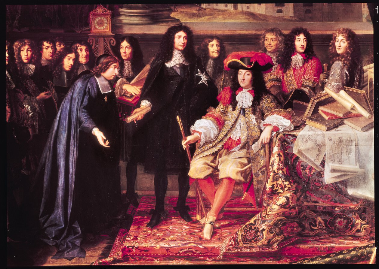 Jean-Baptiste Colbert (1619-83) A Királyi Tudományos Akadémia tagjainak bemutatása XIV. Lajosnak (1638-1715) a központi rész részlete, 1667 körül alkotó: Henri Testelin