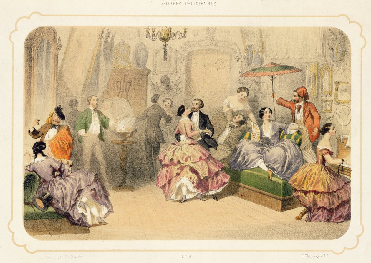 Művészek ütése, a „Soirees Parisiennes”-ből, metszette: j. Pezsgő alkotó: Henri de Montaut